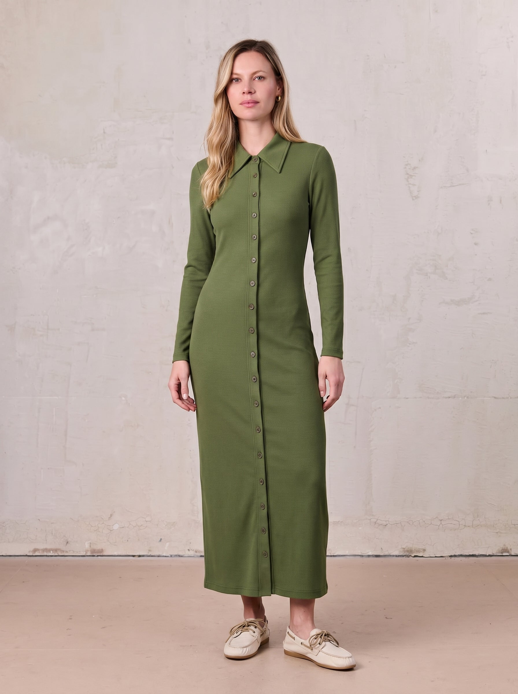 Olive Button Down Ribbed Maxi Dress Comfortable Casual Wear
