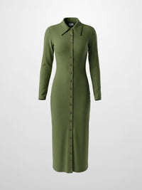 Olive Button Down Ribbed Maxi Dress Comfortable Casual Wear