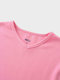 Ribbed High V 3Q Pink Lightweight Comfortable Stylish Tee
