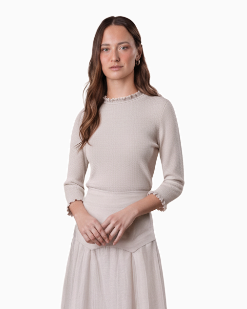 Ruffle Sweater Ice Latte Soft Lightweight Elegant Women's Top