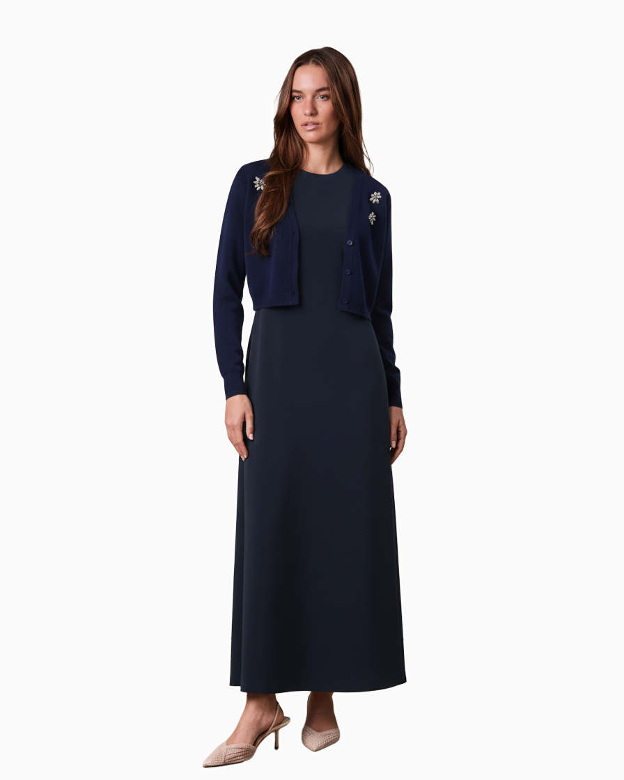 Navy Faux Satin Crew Neck Slip Dress Elegant Casual Basic