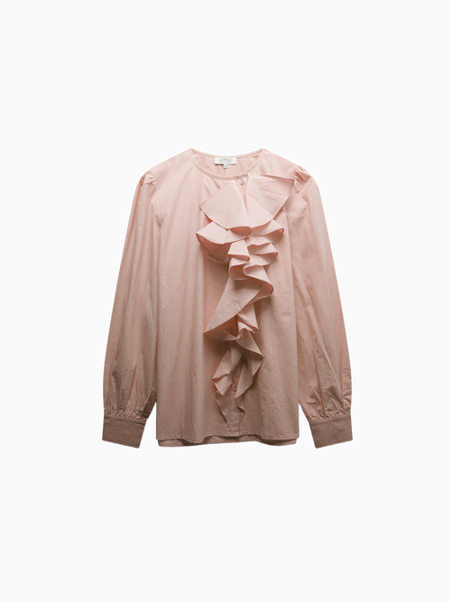 Asymmetrical Ruffle Rose Pink Blouse 100% Cotton Dressy Top-0