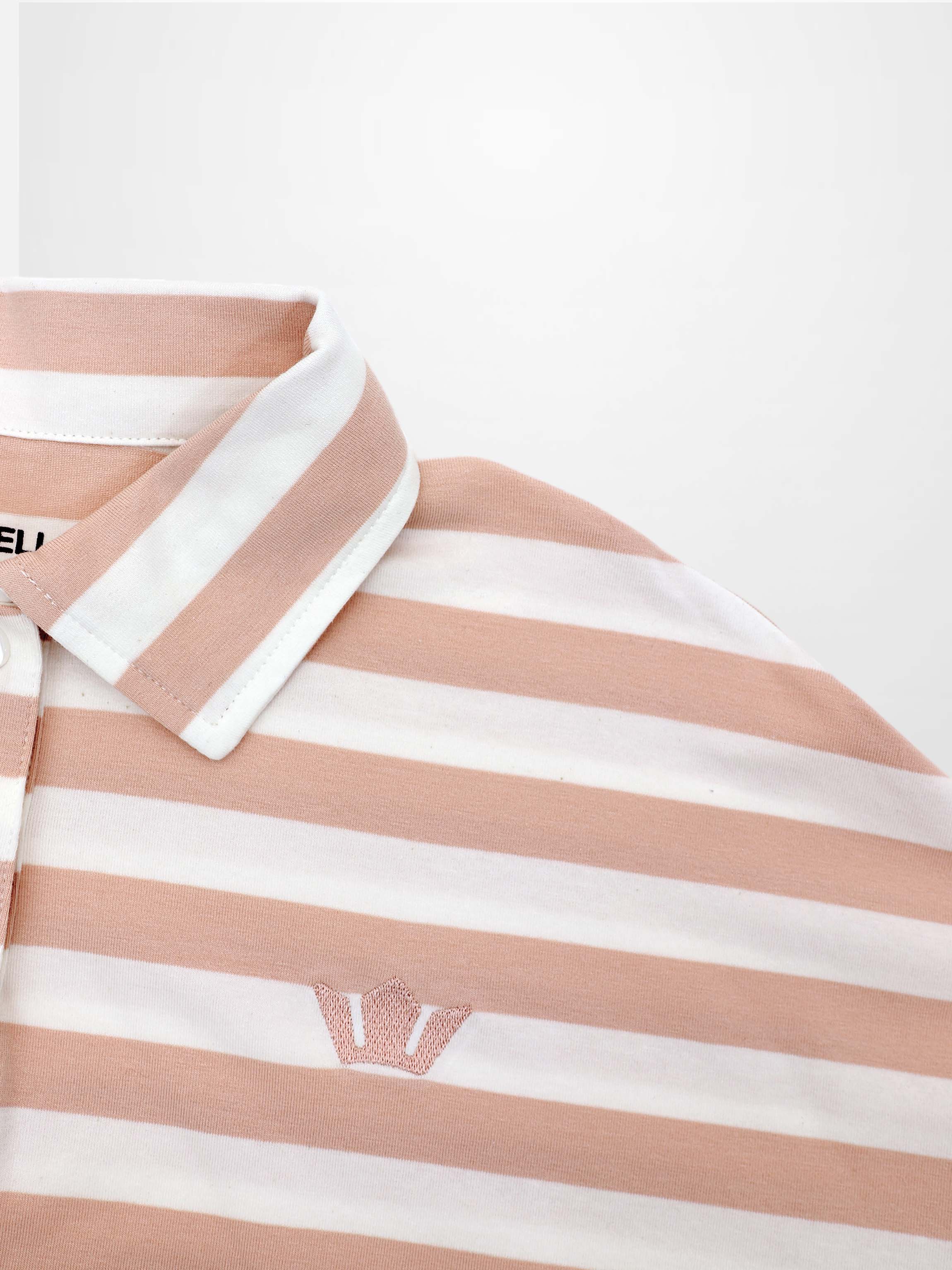 Striped Collar Bomber Tee Tan White Casual Loose Fit Preppy Style-4