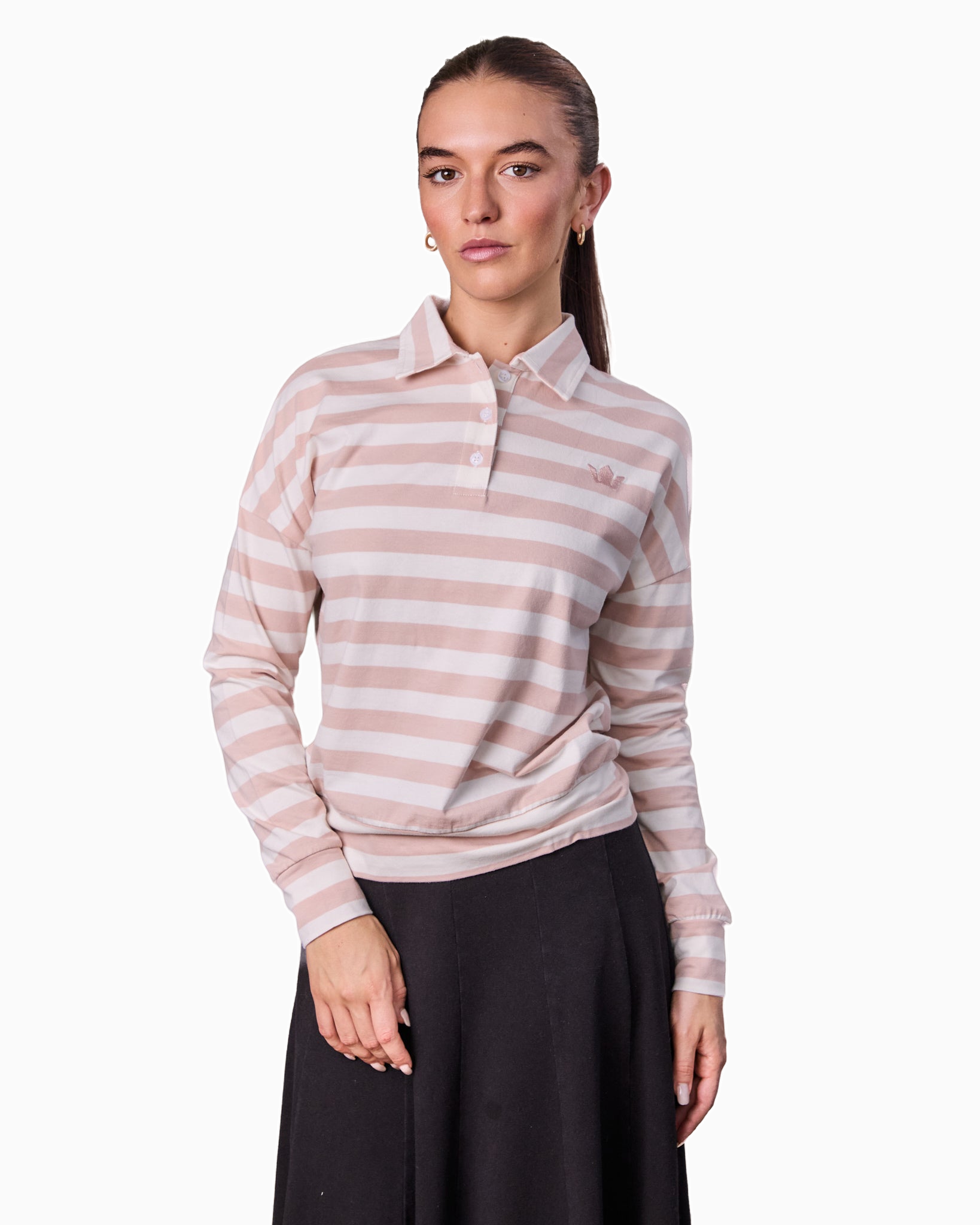 Striped Collar Bomber Tee Tan White Casual Loose Fit Preppy Style-0