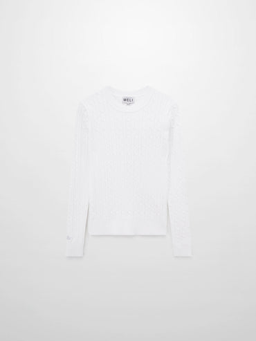 White Crew Neck Cable Knit Sweater Soft Comfortable Casual Top-1