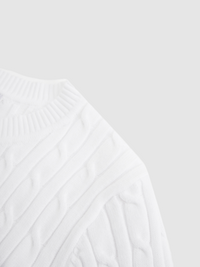 White Crew Neck Cable Knit Sweater Soft Comfortable Casual Top-4