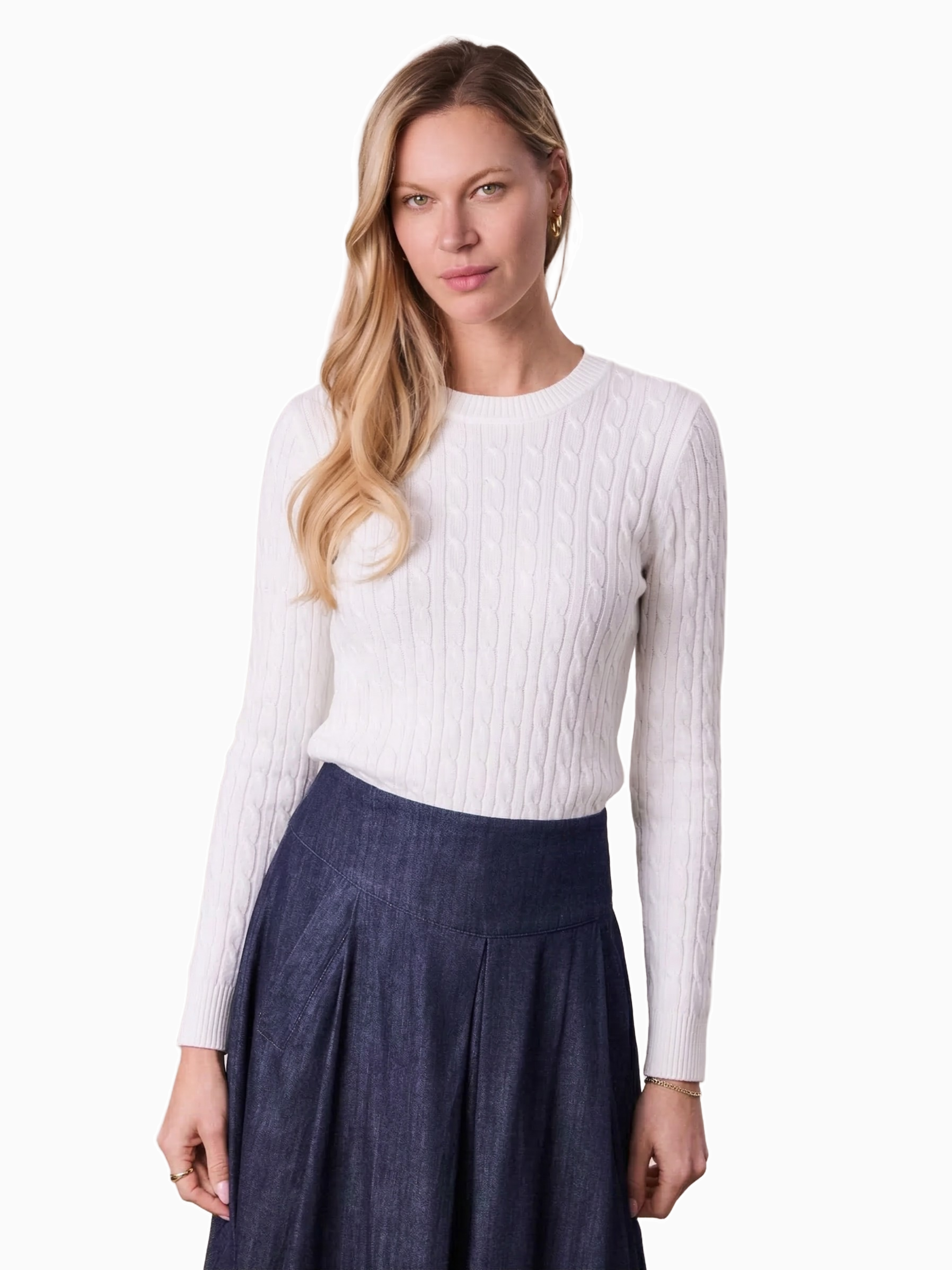 White Crew Neck Cable Knit Sweater Soft Comfortable Casual Top-0
