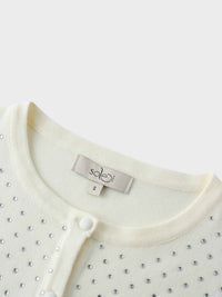 Stone Embellished White Crew Cardigan Elegant Sparkle Top-2
