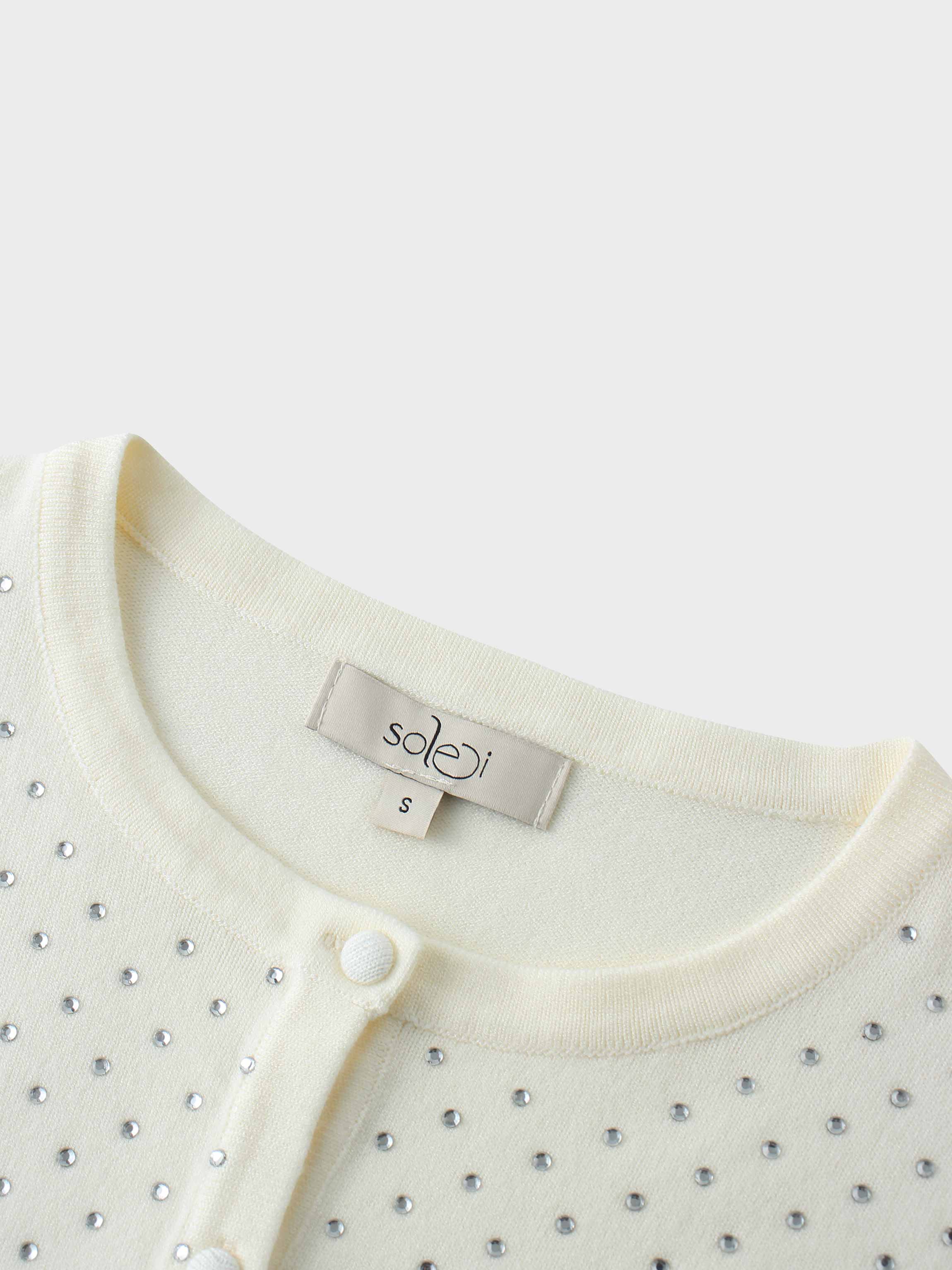 Stone Embellished White Crew Cardigan Elegant Sparkle Top-2