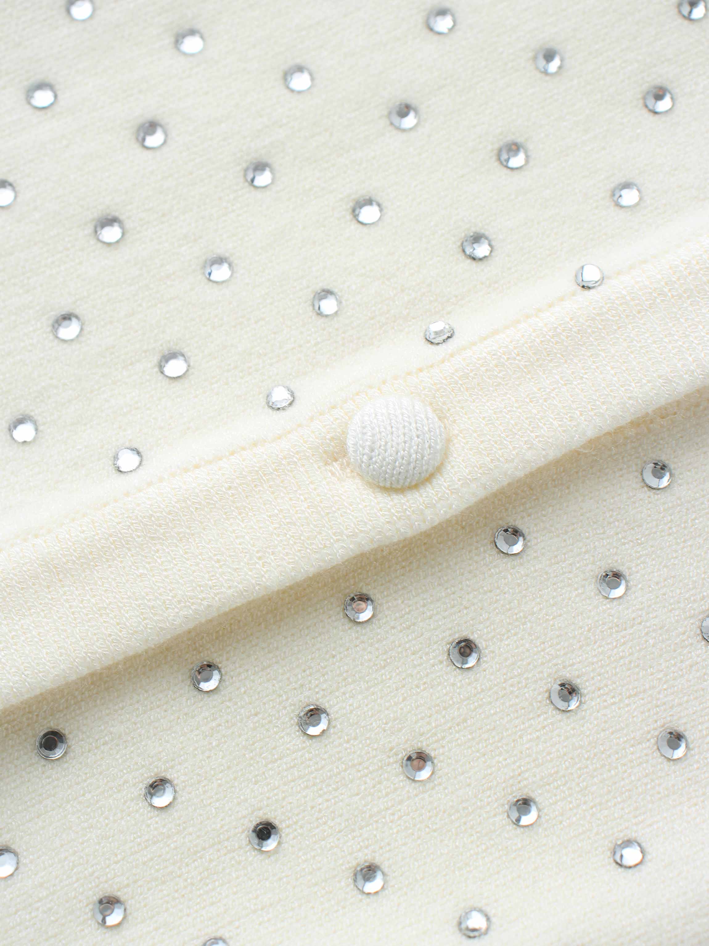 Stone Embellished White Crew Cardigan Elegant Sparkle Top-3