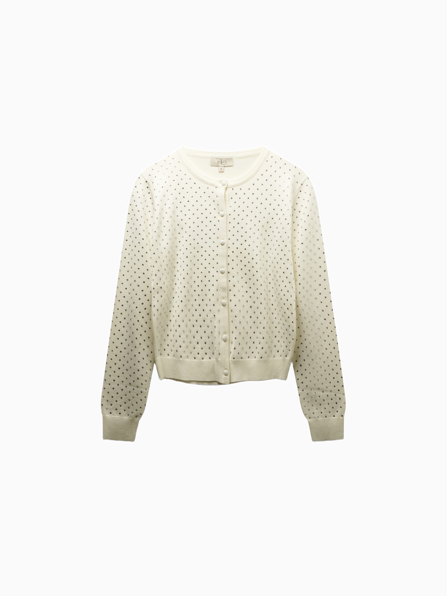 Stone Embellished White Crew Cardigan Elegant Sparkle Top-0