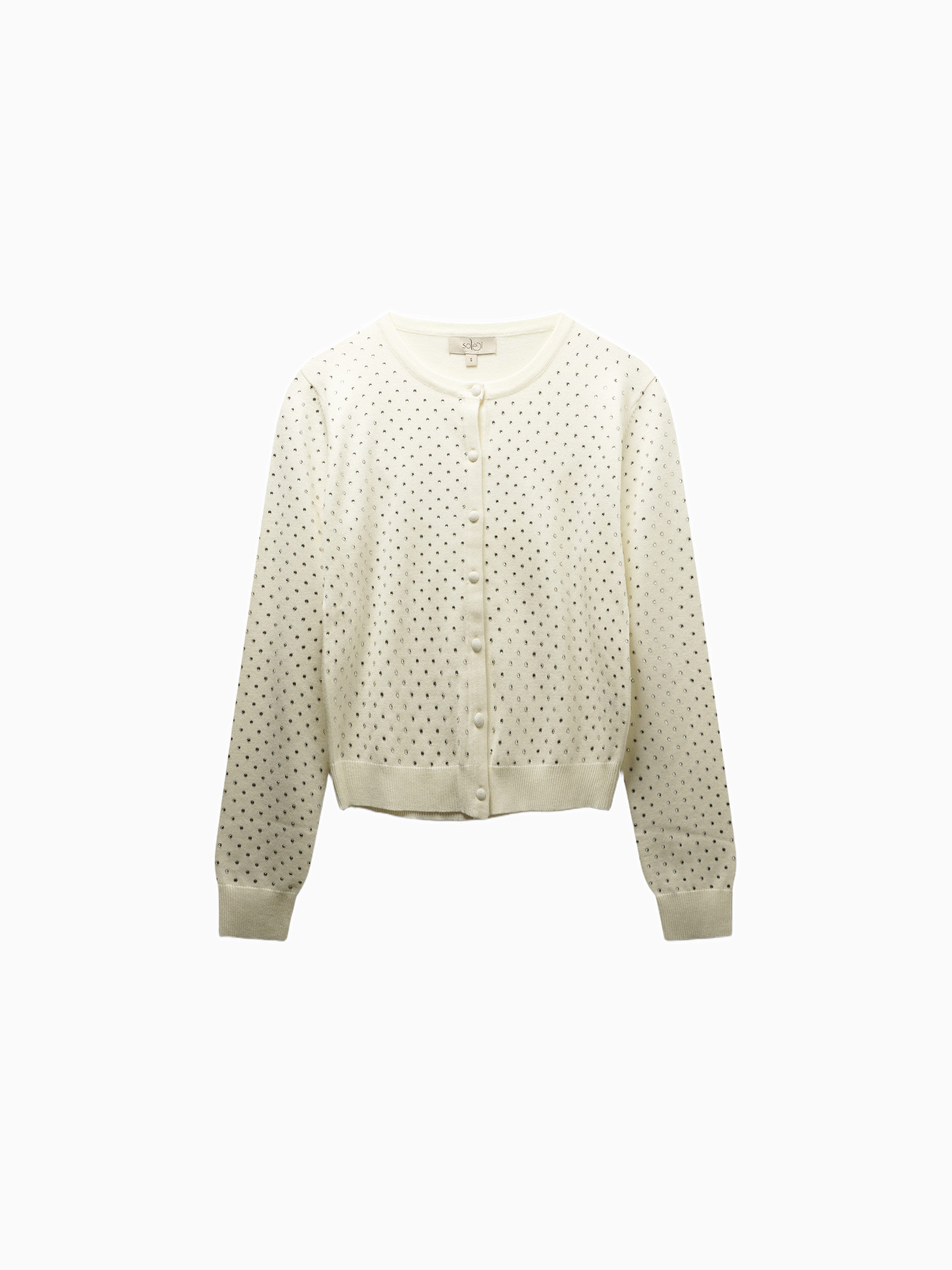 Stone Embellished White Crew Cardigan Elegant Sparkle Top-0