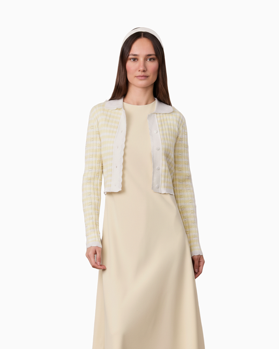 Striped Scalloped Edge Yellow White Cardigan Lightweight Layering Top-0